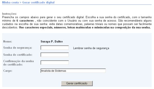 Tela Gerar certificado digital
